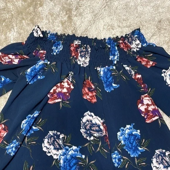 Rokoko by Dazz Navy Floral Smocked Off Shoulder Long Sleeve Mini Dress M - Picture 4 of 6